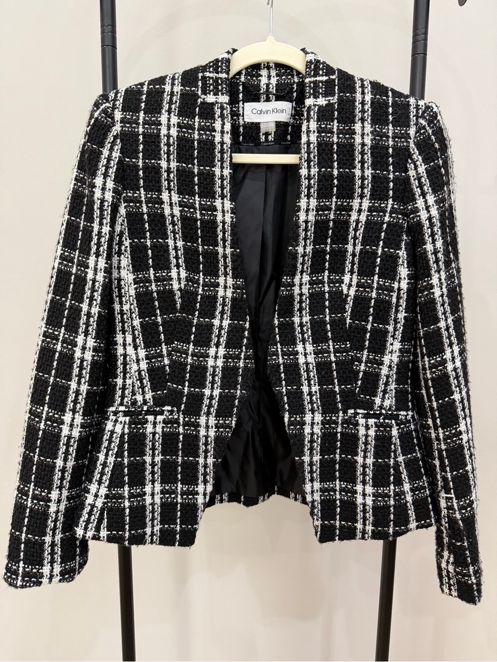Calvin Klein Black & White Plaid Tweed Open Blazer